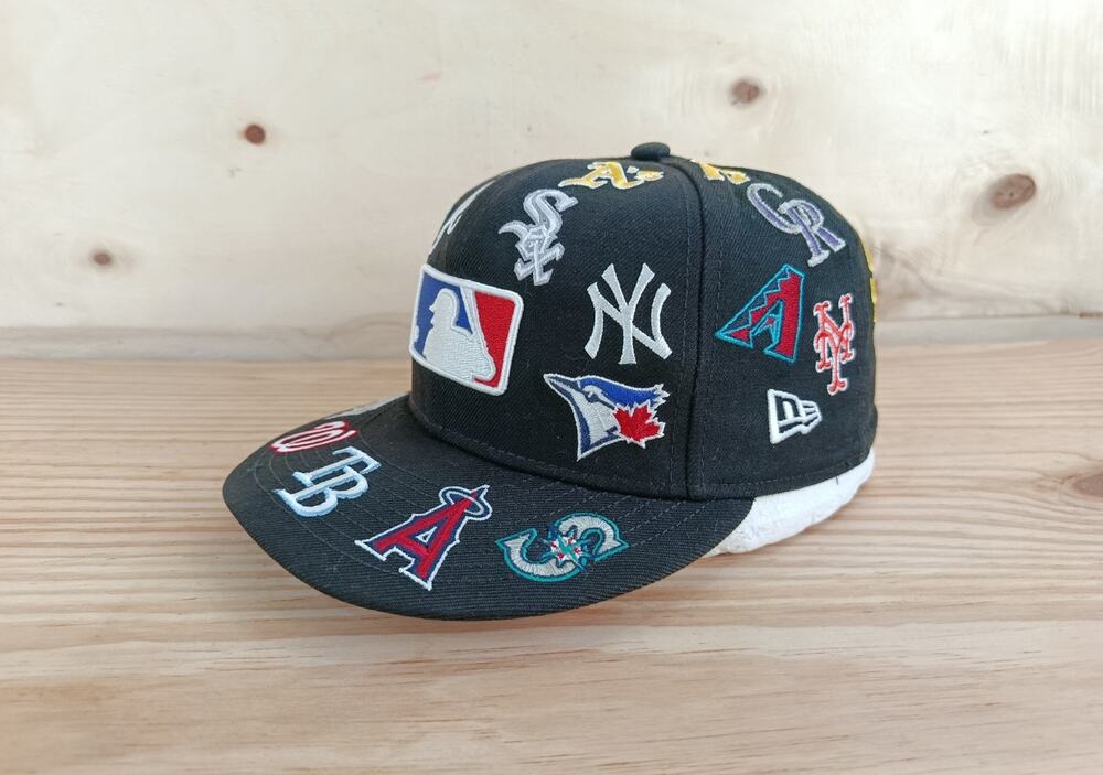 New Era 59FIFTY MLB Multi Logos Black Fitted Hat Size 7 55.8cm All Over Print
